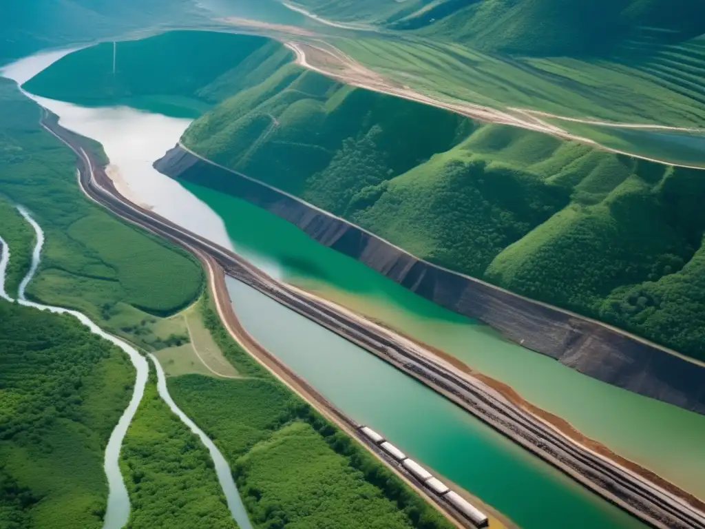 Minimizar impacto minería clima: vista aérea de una mina rodeada de bosques verdes y un río prístino