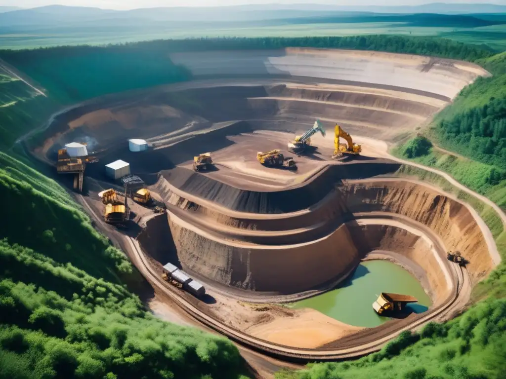 Minimizar impacto minería clima: Mina rodeada de bosques, trabajadores y maquinaria en contraste con el paisaje natural