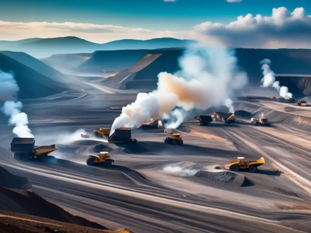 Consecuencias calentamiento global minería: Impacto ambiental de una mina a cielo abierto, con maquinaria pesada y contaminación atmosférica