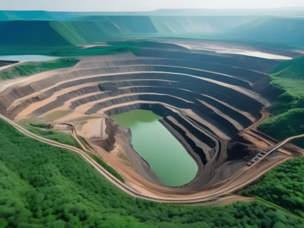 Impacto ambiental de la minería sostenible en una gran mina rodeada de bosques verdes, con excavadoras y camiones gigantes