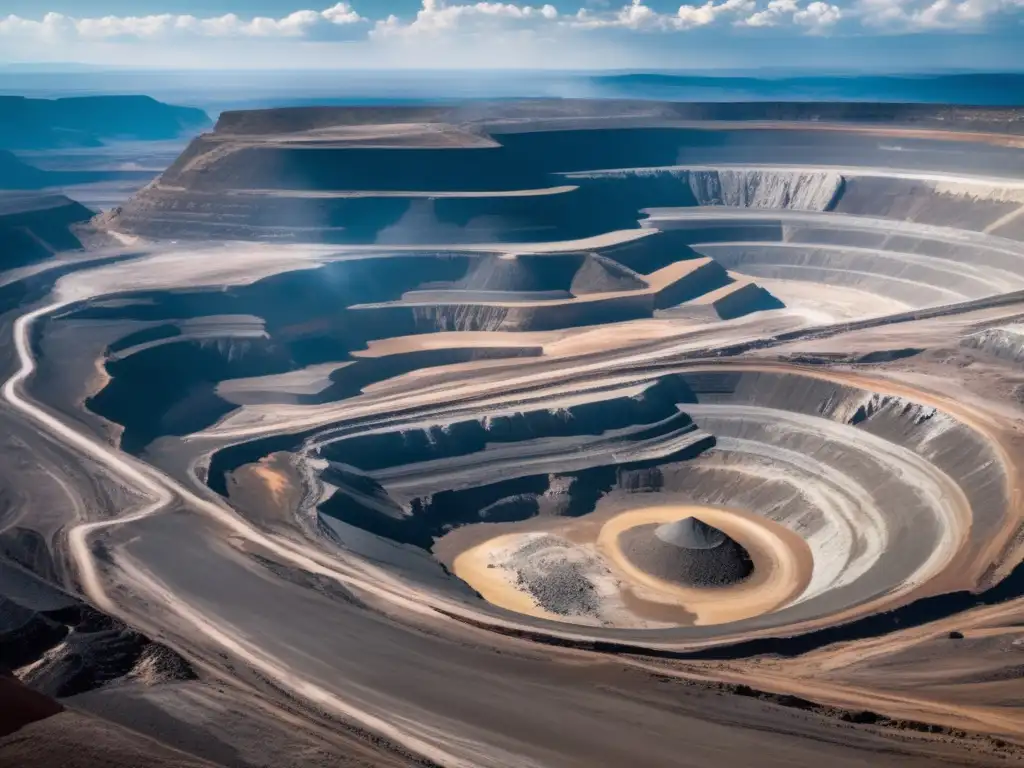 Técnicas sostenibles de minería de datos: Vista aérea impresionante de una mina a cielo abierto rodeada de un paisaje vasto y agreste