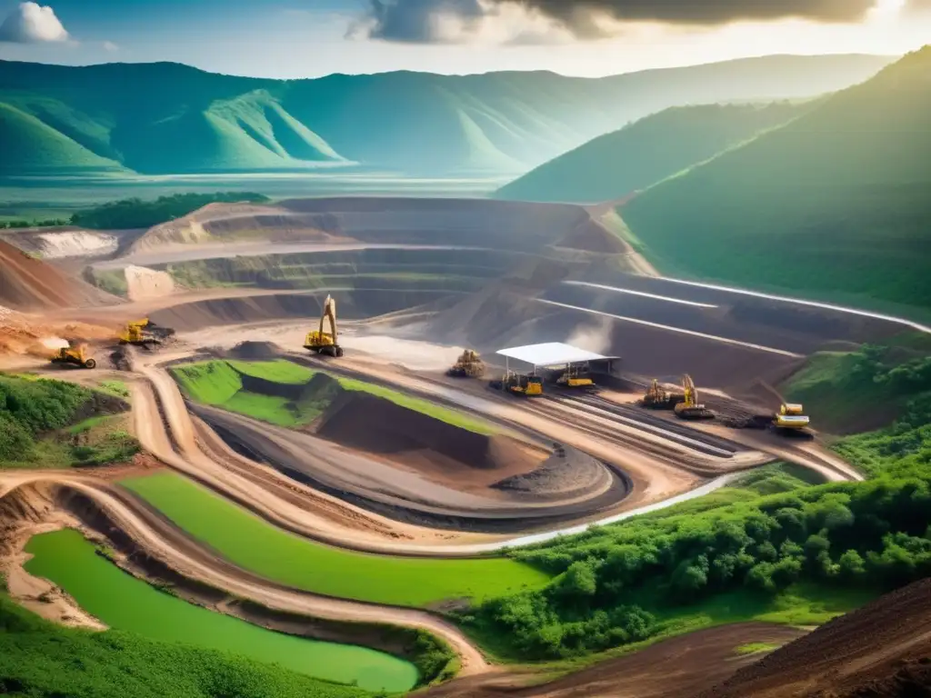 Guía de minería sostenible: paisaje minero rodeado de montañas verdes, maquinaria extractora y contraste entre actividad mecánica y belleza natural