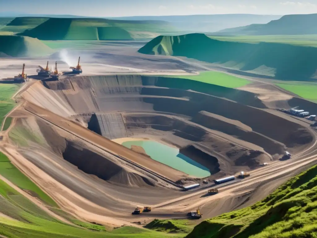 Importancia minerales en tecnología verde: vista panorámica de una mina a cielo abierto con maquinaria masiva y paisaje impactado