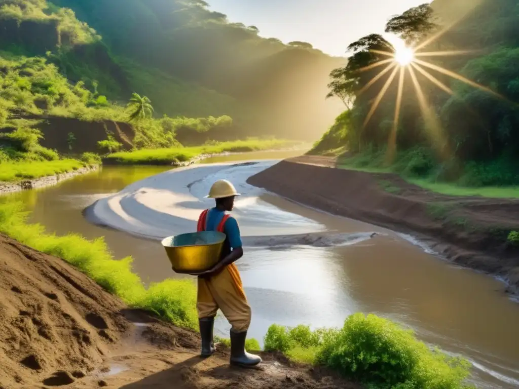 Vista panorámica de río y vegetación, con minero en agua sosteniendo batea