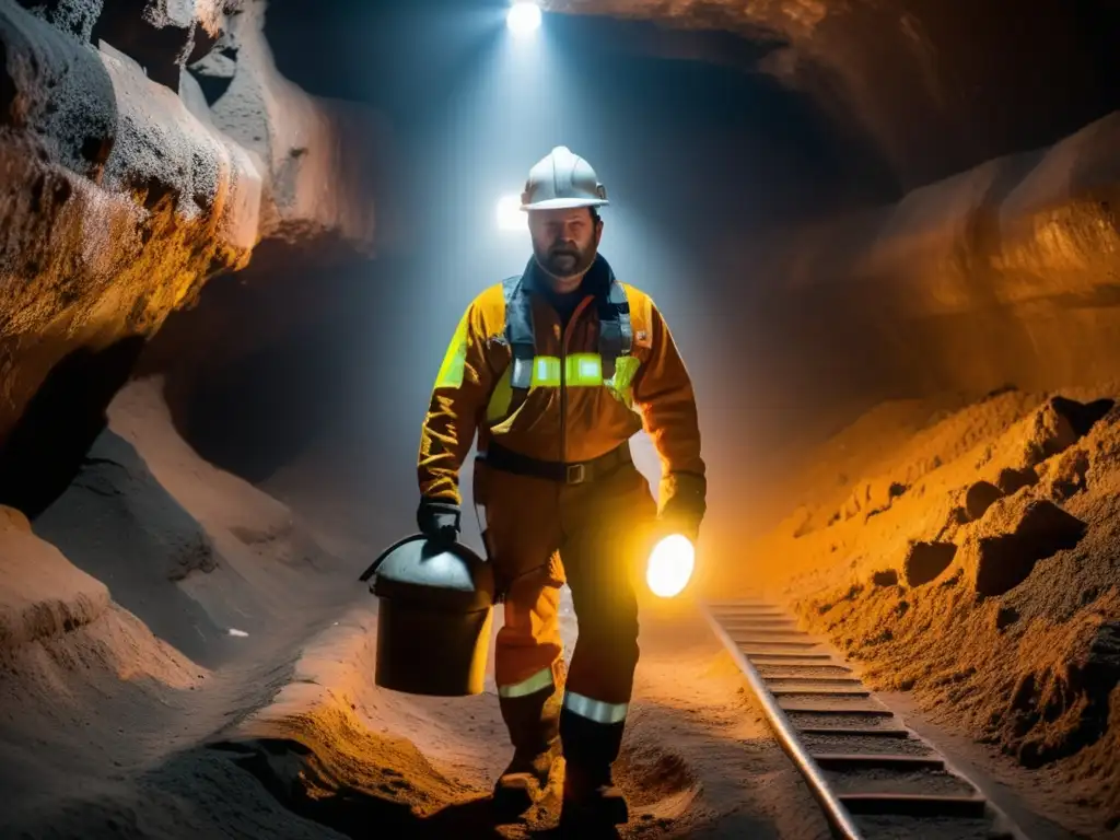 Minero equipado en túnel minero Desafíos de seguridad en minería profunda: Minero con equipo de protección en túnel oscuro