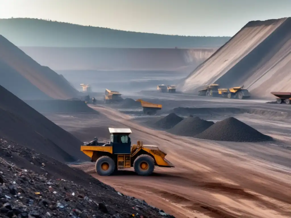 Reutilización sustentable de material minero: enorme dumpsite minero, descartes de rocas, máquinas rotas