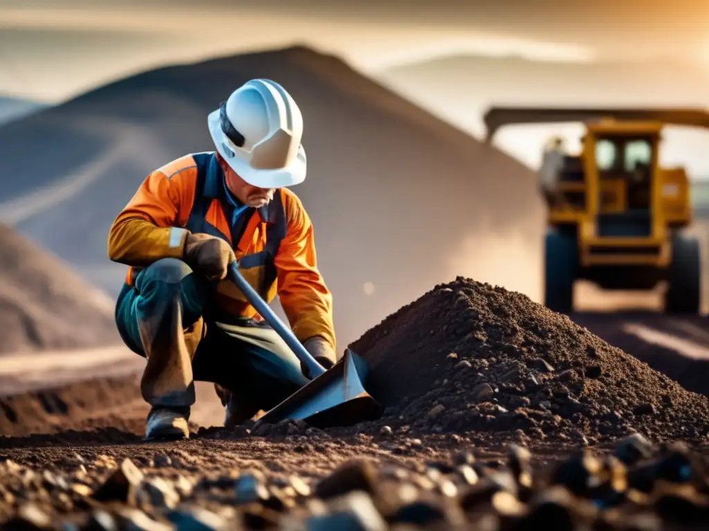 Minerales prometedores tecnología verde: minero extrayendo minerales con concentración y paisaje minero al fondo