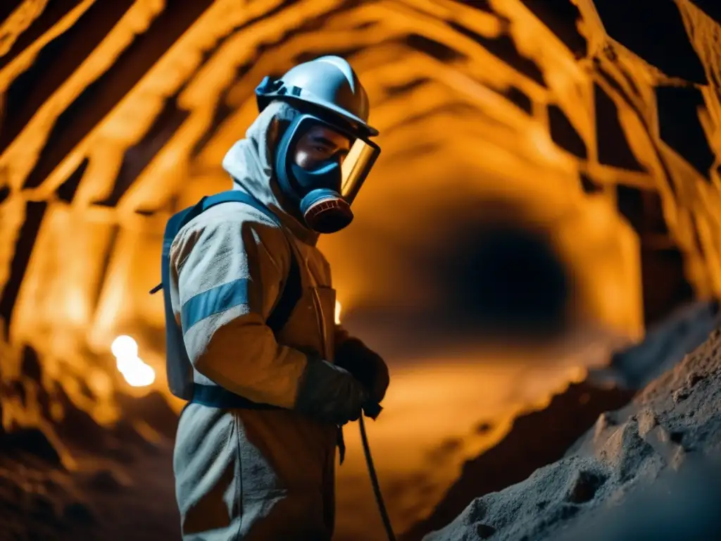 Prevención de asbestosis en mineros: trabajador minero con traje protector, muestra de amianto y condiciones peligrosas