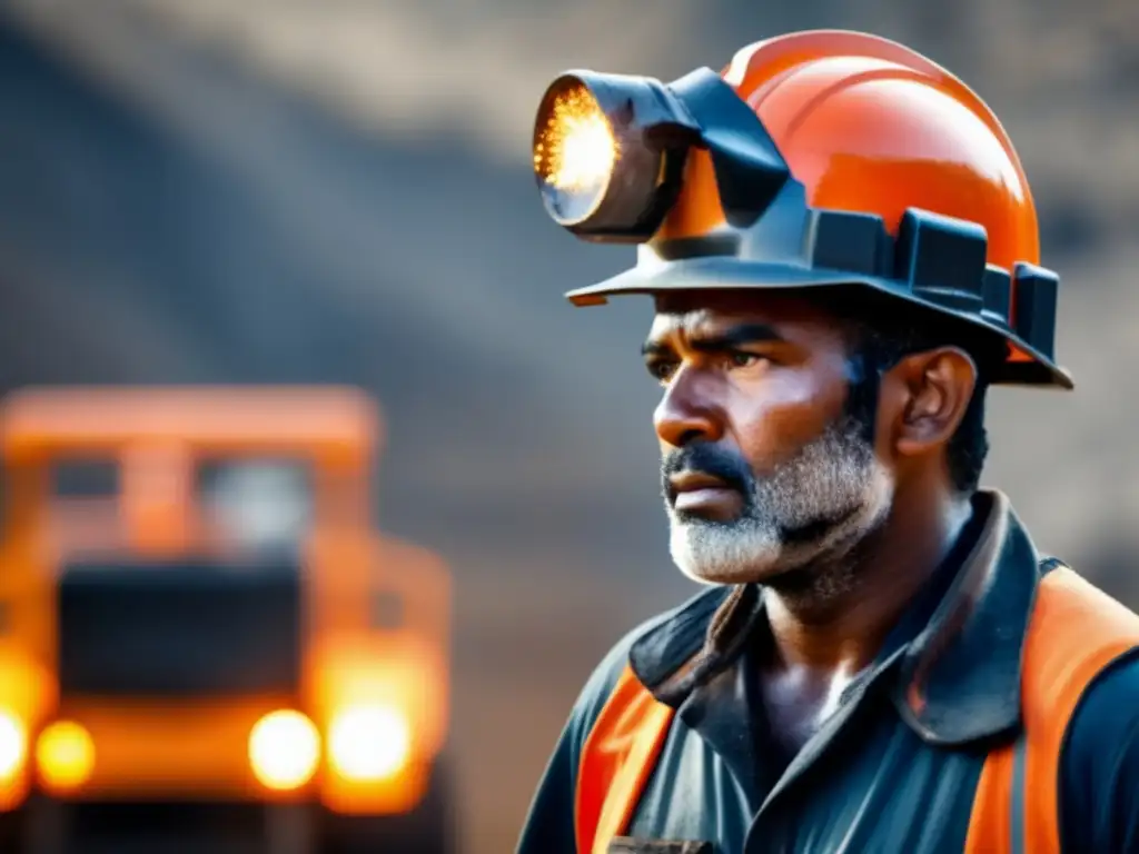 Minero con equipo protector en ambiente minero, resalta riesgos y enfermedades oculares en minería sostenible