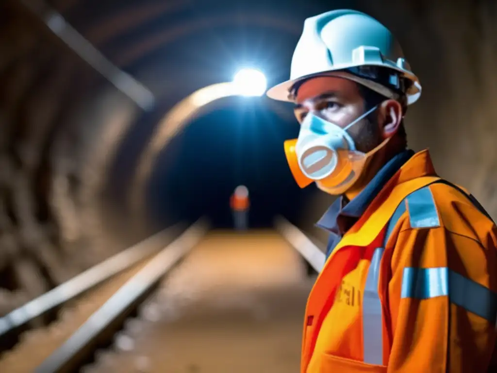 Trabajador minero protegido con respirador en túnel minero: Prevención enfermedades respiratorias minería