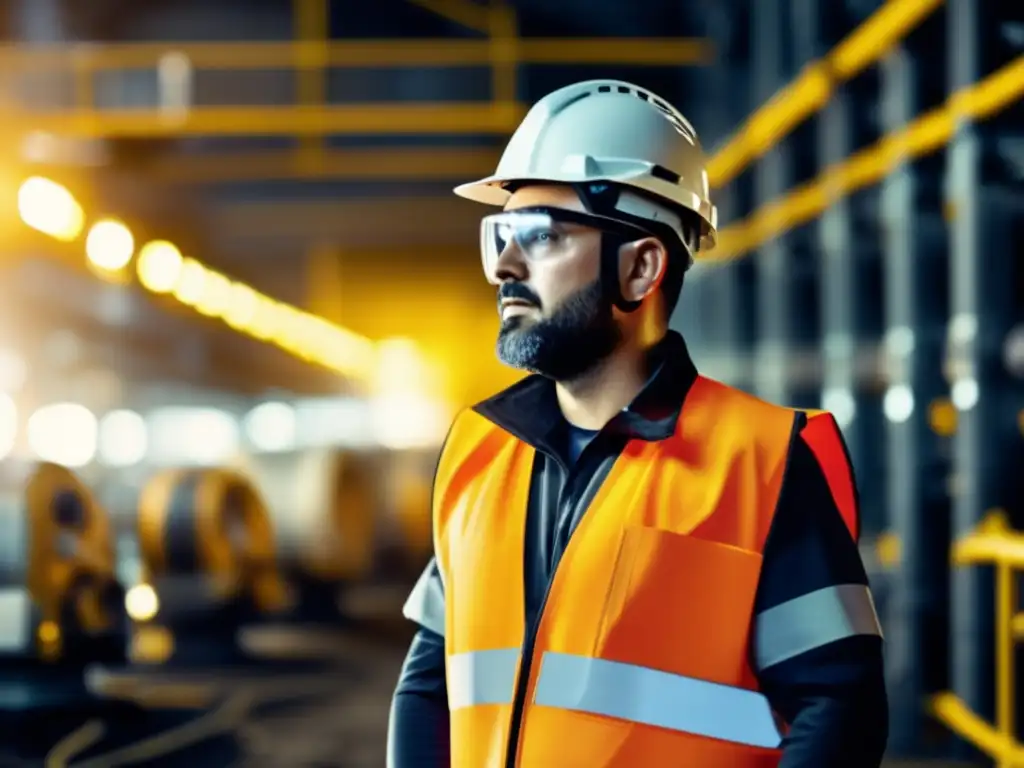 Innovaciones seguridad equipos minería: trabajador minero con equipo de protección avanzado, rodeado de maquinaria moderna y tecnología