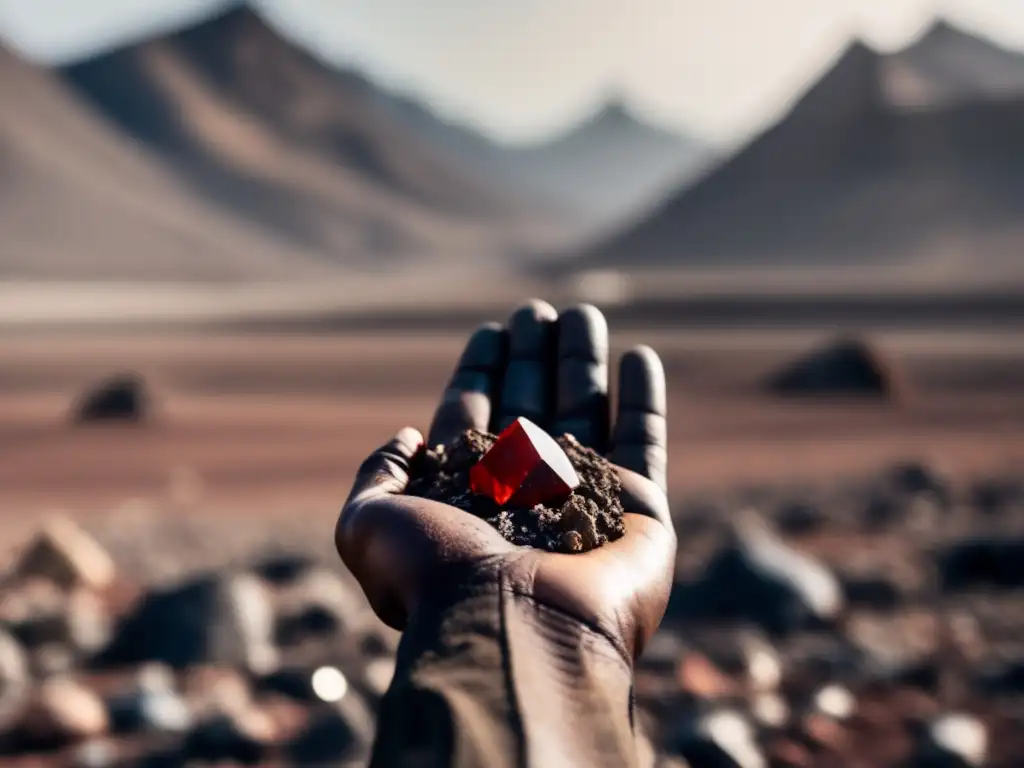 Comercio minerales conflicto: Verdad oculta en imagen de paisaje desolado con montañas y mano ensangrentada de minero