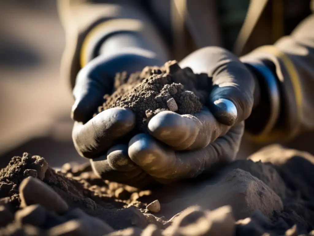 Mano de minero sosteniendo minerales de conflicto, representando la necesidad de gestión sostenible (110 caracteres)