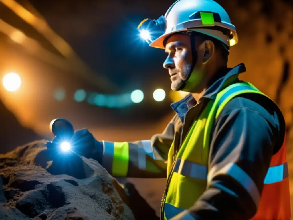 Minero con tecnología wearable en mina, mostrando seguridad y profesionalismo