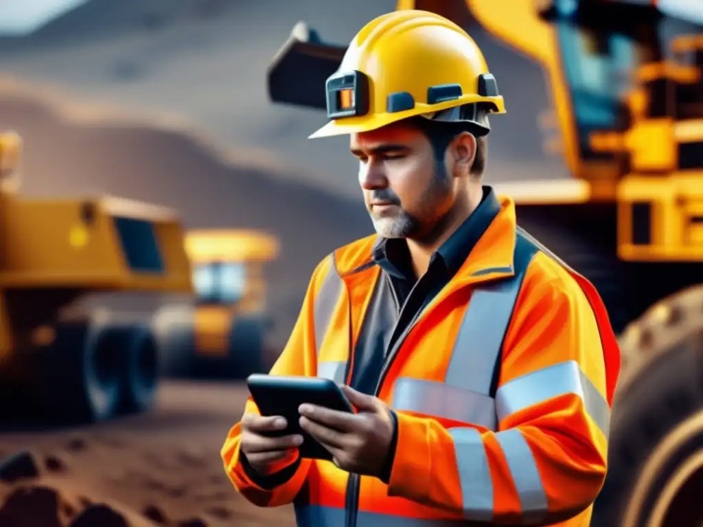 Minero con dispositivo wearable en entorno minero Innovaciones seguridad minería sostenible: trabajador minero con dispositivos tecnológicos para seguridad y datos en tiempo real