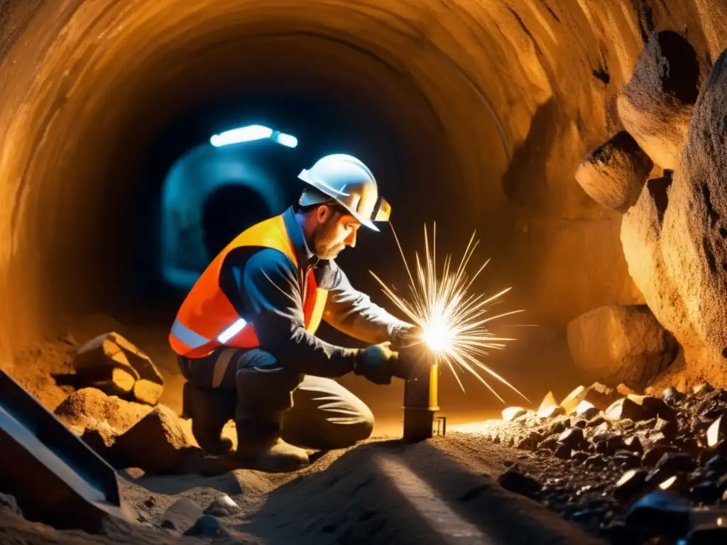 Trabajador minero en túnel oscuro con equipo de seguridad en minería sostenible: Derechos laborales