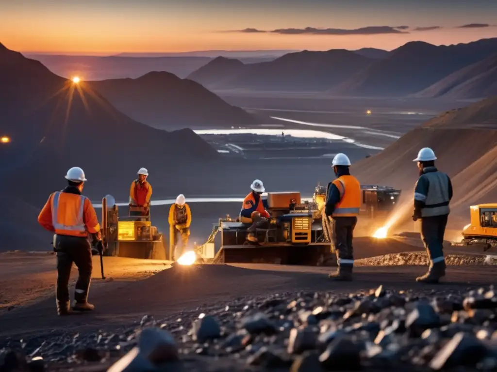 Tecnologías sostenibles de detección de minerales: mineros equipados con dispositivos portátiles realizan análisis químicos en una mina al atardecer