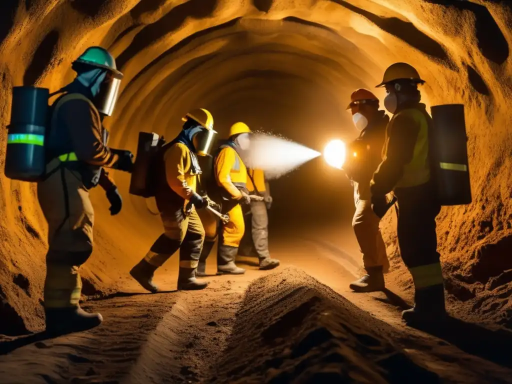 Innovaciones en equipos de protección minera: mineros con respiradores avanzados y protección ocular trabajando en túnel minero