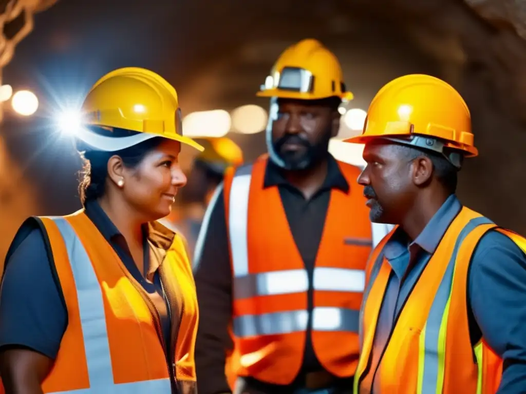 Equipo diverso trabajando en mina con estrategias inclusivas para minería sostenible