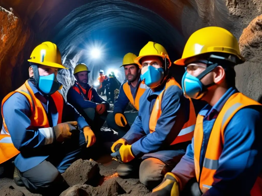 Mineros equipados con tecnología avanzada en seguridad minera, destacando mejores prácticas en EPP y avances tecnológicos