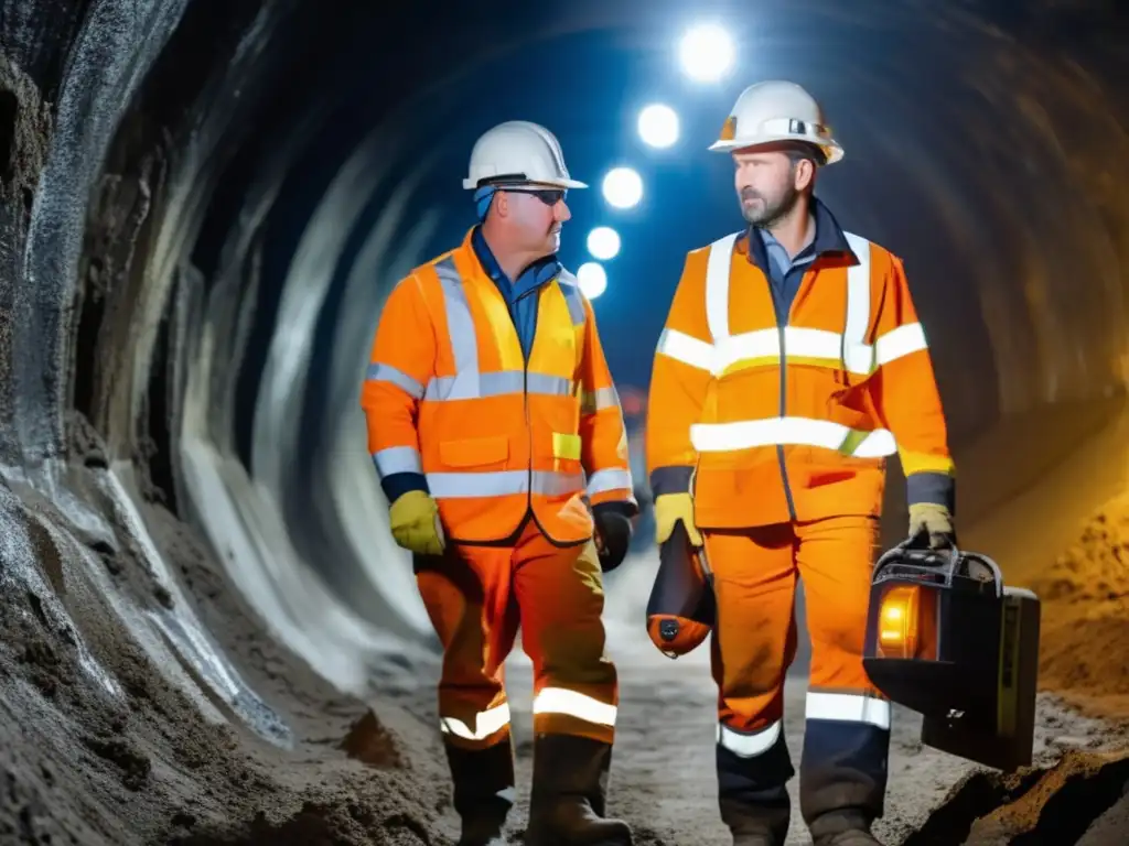 Innovaciones seguridad equipos minería: Mineros profesionales con avanzado equipo de seguridad en moderno túnel subterráneo