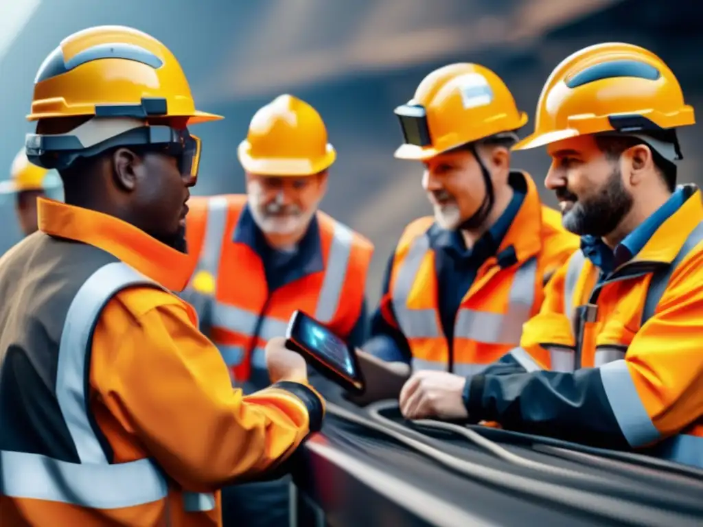 Tecnología wearable para seguridad minera: Mineros con dispositivos inteligentes, cascos con cámaras, luces LED y sensores