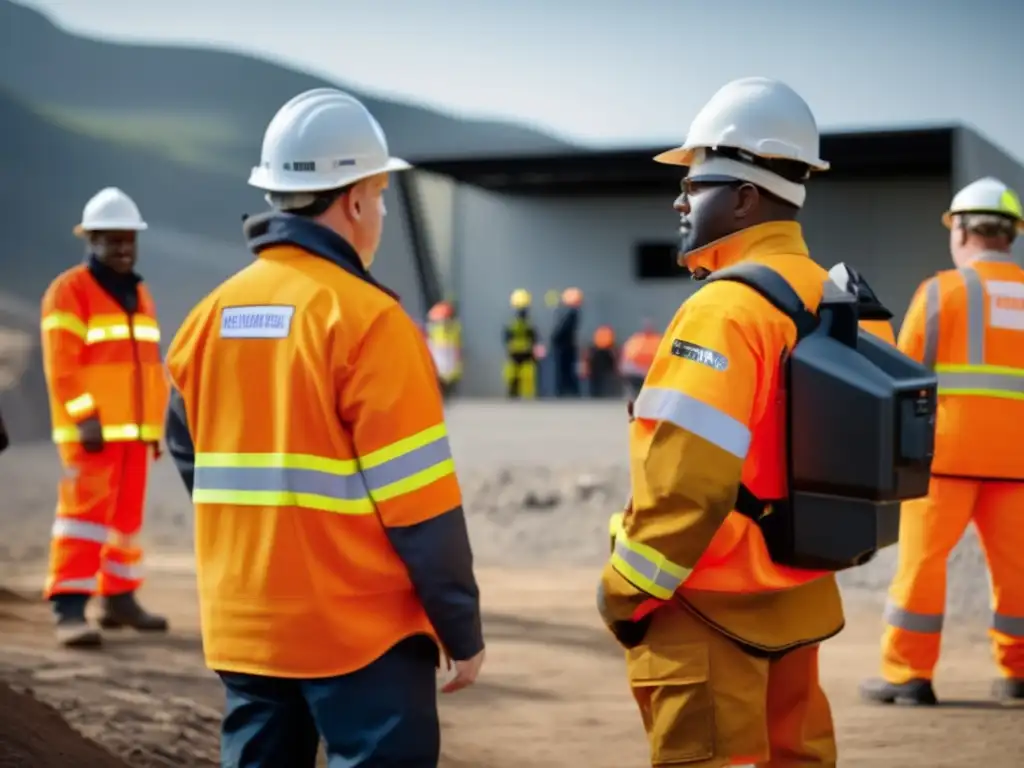 Mineros en entrenamiento con equipo de seguridad en centro de respuesta de emergencia en sitio minero - Protocolos de emergencia minera sostenibles