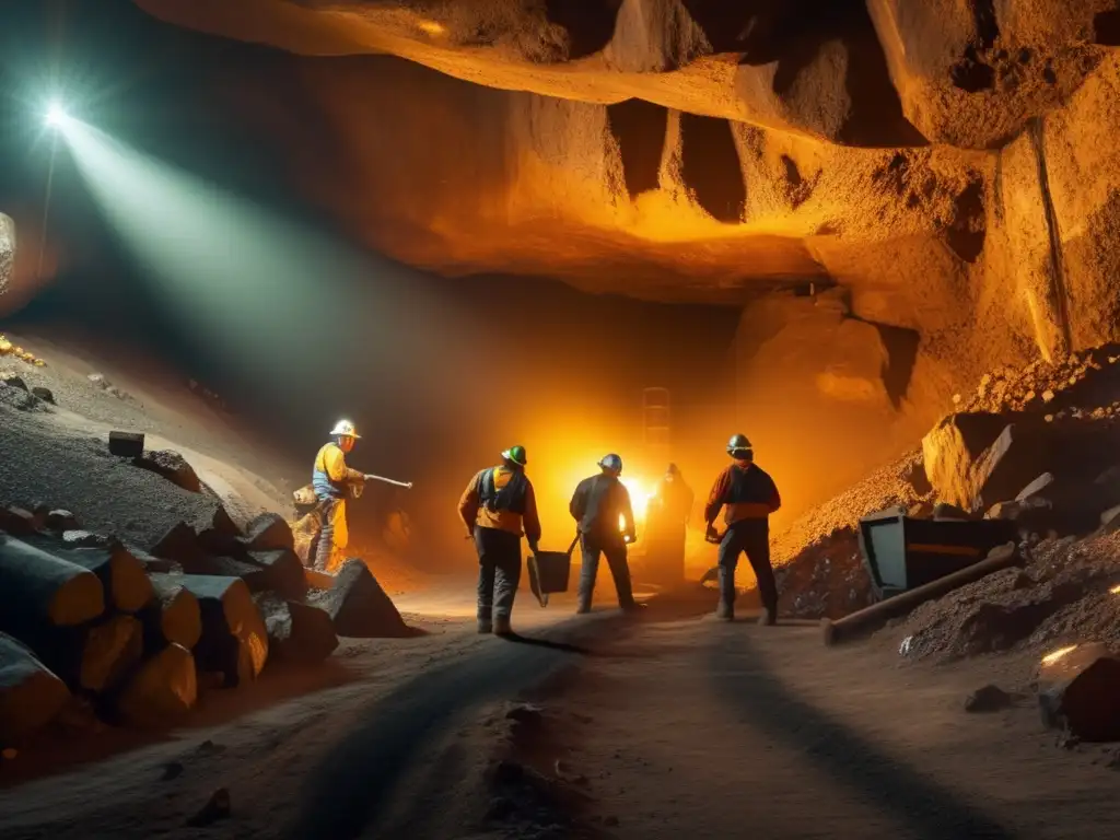 Mineros extraen minerales en una mina oscura, destacando el conflicto de derechos de consumidor (110 caracteres)