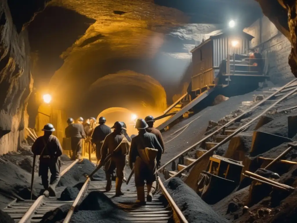 Evolución técnica minera sostenible durante la Revolución Industrial: mineros trabajando en túnel oscuro con herramientas y maquinaria avanzada