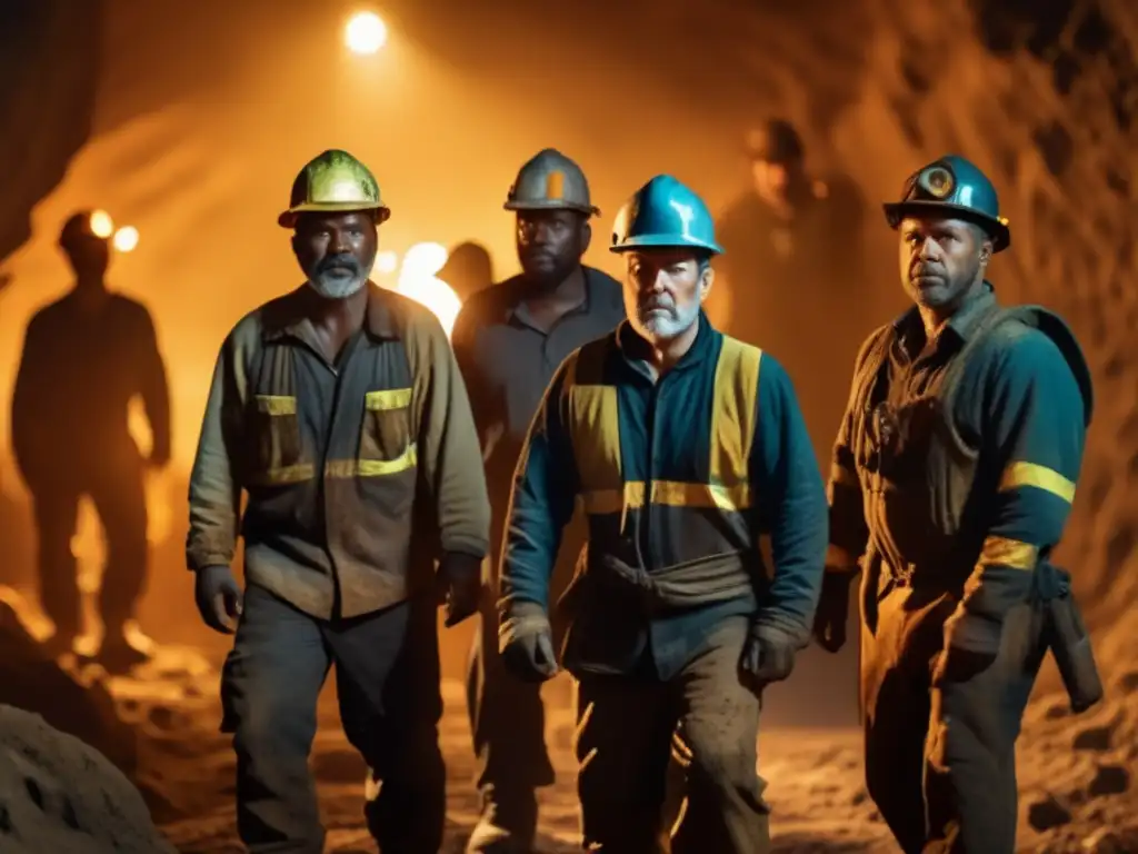 Miners en la oscuridad de una mina, trabajando duro en las Revoluciones Mineras de América