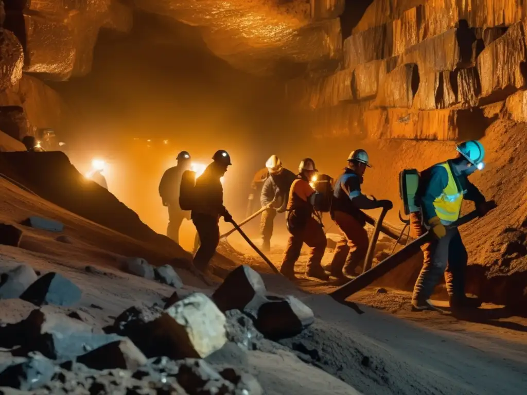 Impacto comercio justo minería: Mineros trabajando en mina subterránea, condiciones desafiantes, documental