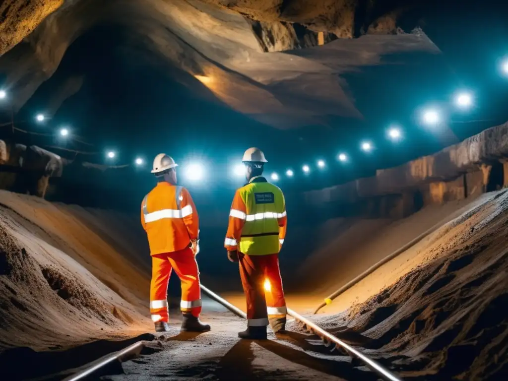 Mineros en mina subterránea con equipo de protección y cascos, enfocados en definir protocolos de emergencia en la industria minera sostenible