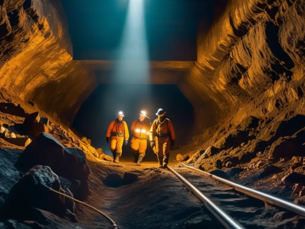 Mineros con equipos de protección y maquinaria, destacando innovaciones en seguridad minera