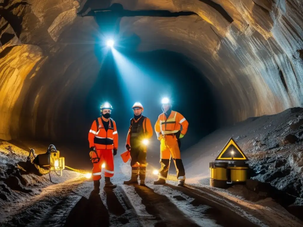 Grupo de mineros en mina oscura con equipo de protección y drone para seguridad en minas