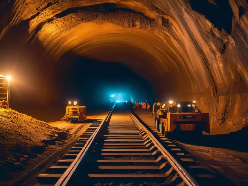 Impacto minería en salud ósea: Mineros trabajando en túnel oscuro con herramientas, aire polvoriento y fractura ósea