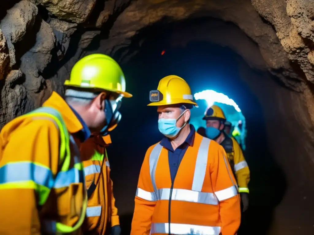 Mineros con equipamiento de protección siguiendo protocolos emergencia en ambiente minero - Protocolos emergencia minas sostenibles