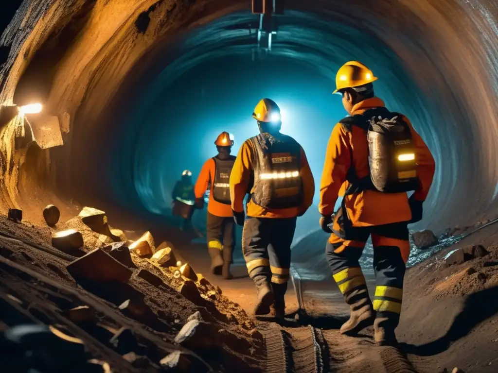 Impacto minería en salud ósea: Mineros trabajando en túnel oscuro, con equipo de protección, rocas, herramientas y polvo