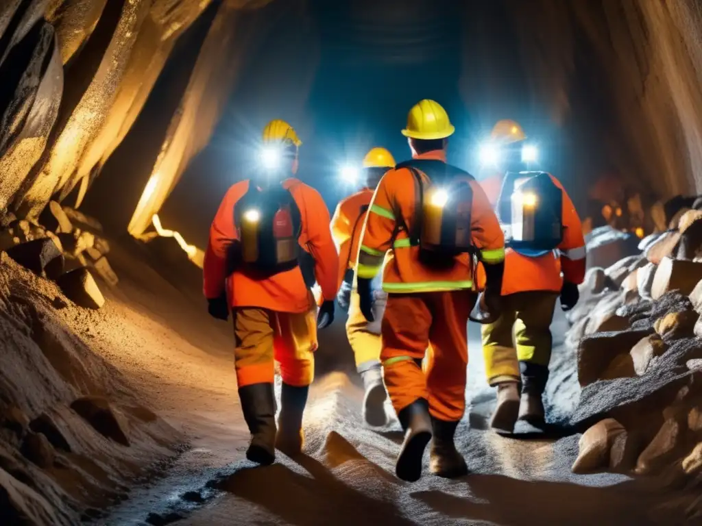 Mineros en túnel estrecho, siguiendo protocolos de emergencia para minas seguras