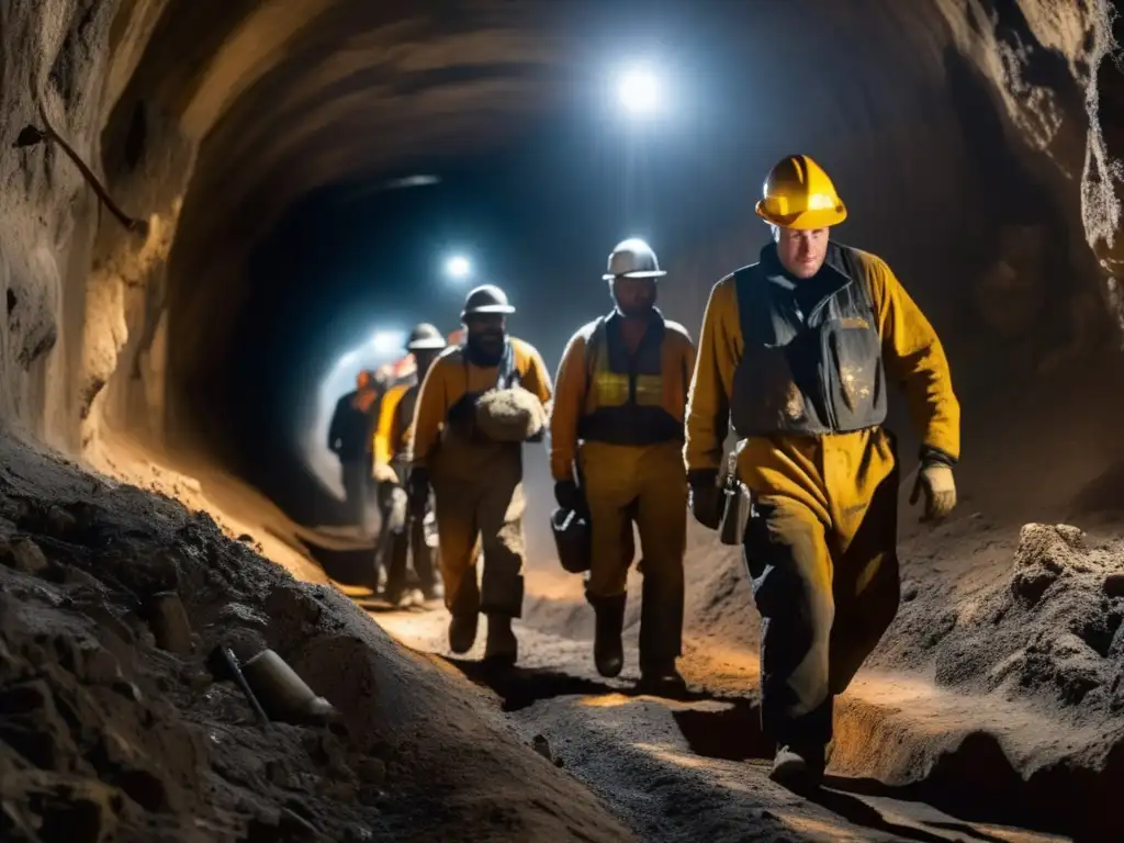 Mineros en riesgo de Parkinson: ¿Verdad o mito? - Escena impactante que muestra a mineros trabajando en un túnel oscuro y desafiante