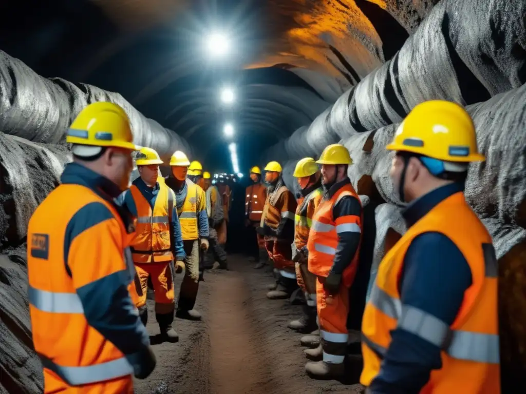 Nuevas tendencias en equipos de protección minera: mineros en túnel subterráneo con avanzado equipo de protección y maquinaria