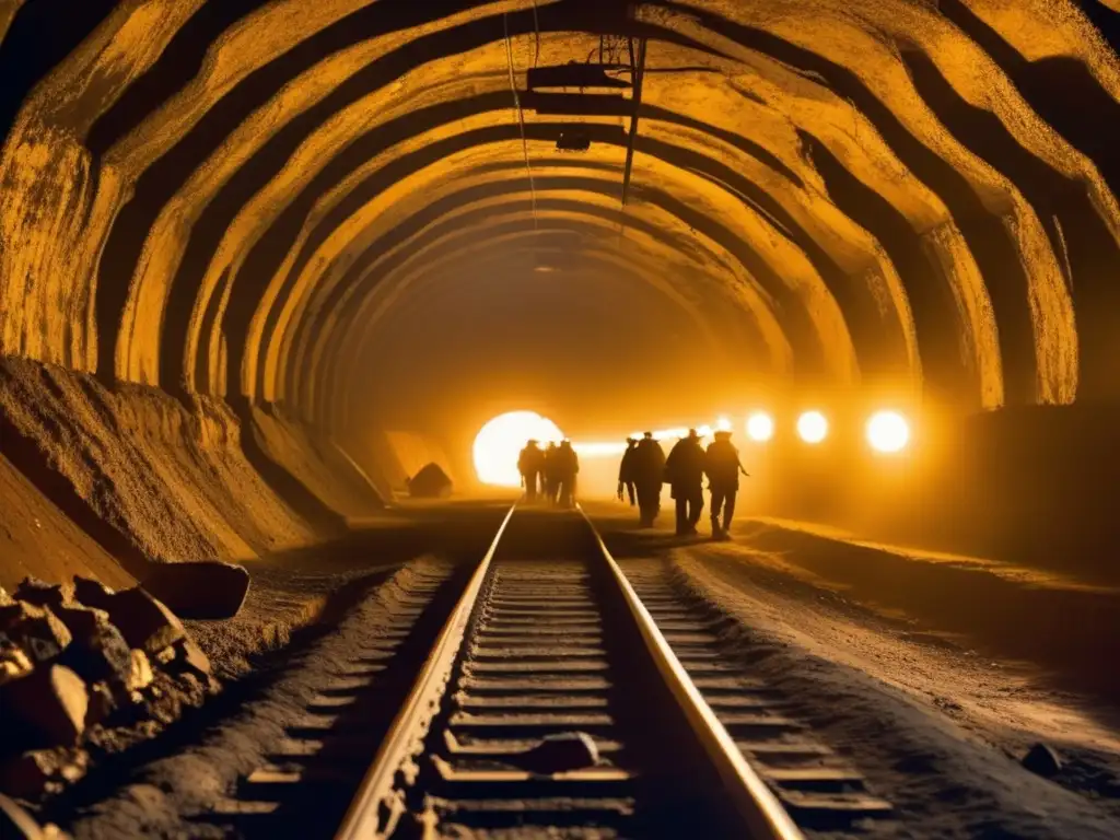 Pérdida de audición en minería subterránea: túnel oscuro, mineros con lámparas, polvo en el aire, condiciones desafiantes