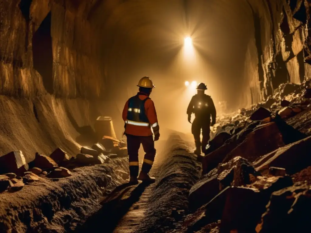 Prevención enfermedades mineros sostenibles: túnel oscuro con mineros trabajando en tareas peligrosas