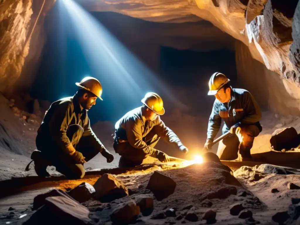 Trabajadores mineros en zona de conflicto, extrayendo minerales en condiciones difíciles