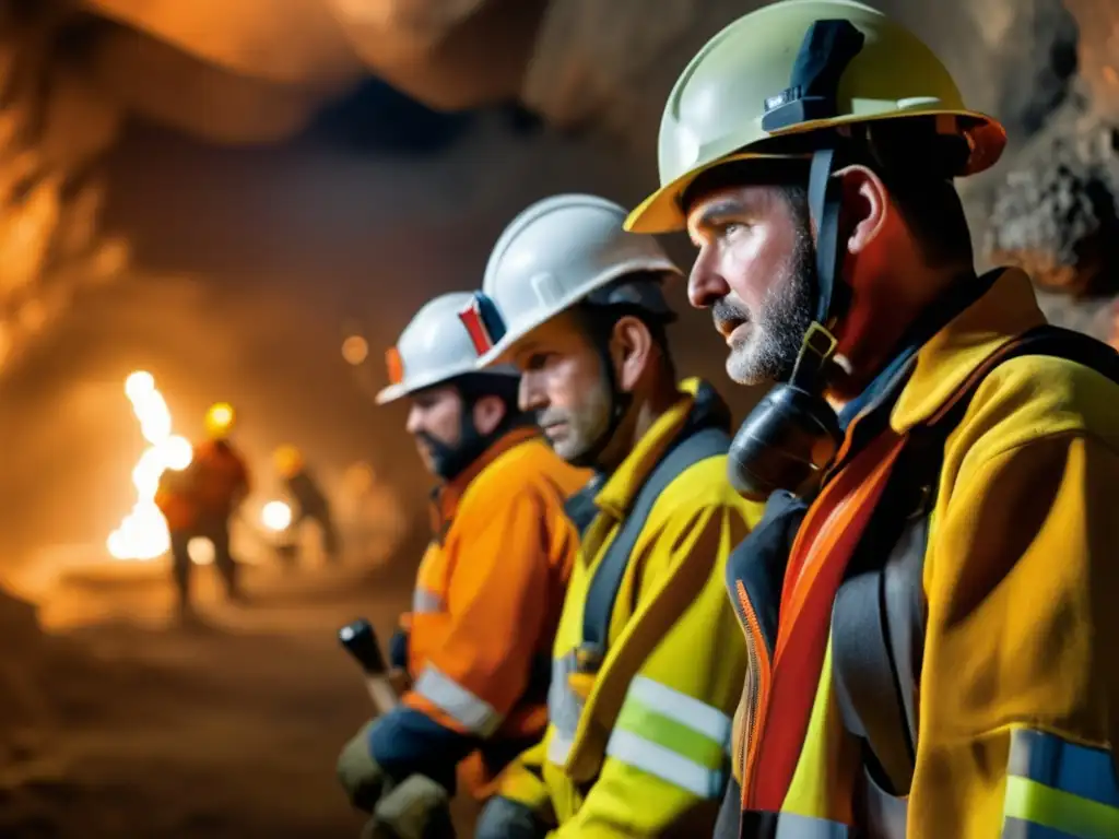 Mineros en entrenamiento de emergencia demostrando protocolos en minas