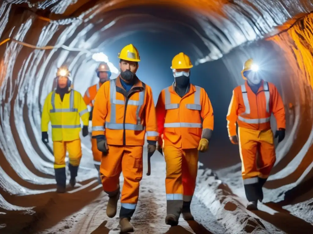 Mineros equipados con PPE en túnel de minería: Protocolos de emergencia en minería sostenible