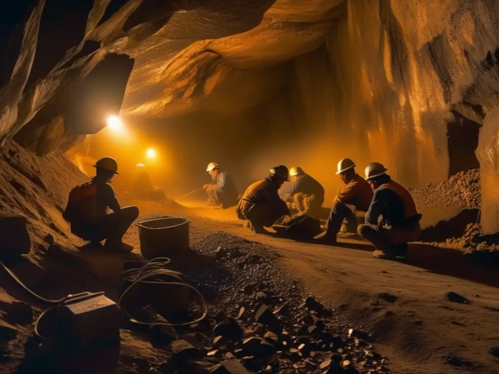 Gestión sostenible de minerales de conflicto en mina oscura con mineros extrayendo con cuidado y rocas brillantes