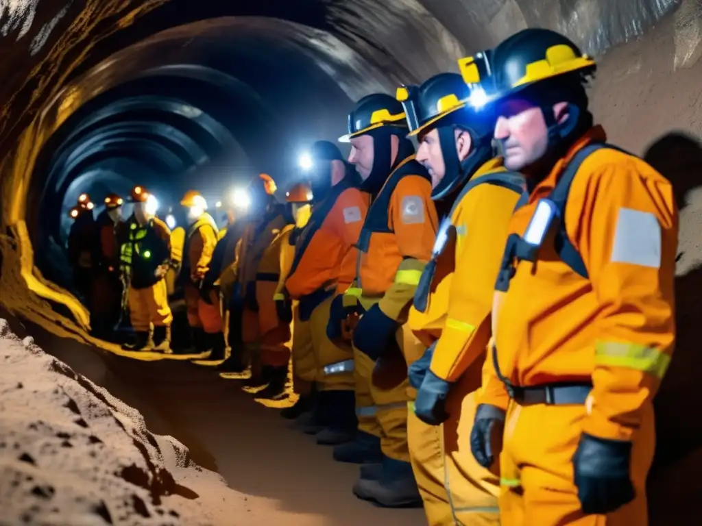 Innovaciones equipos protección minería sostenibles: Mineros equipados con trajes futuristas en un túnel minero iluminado