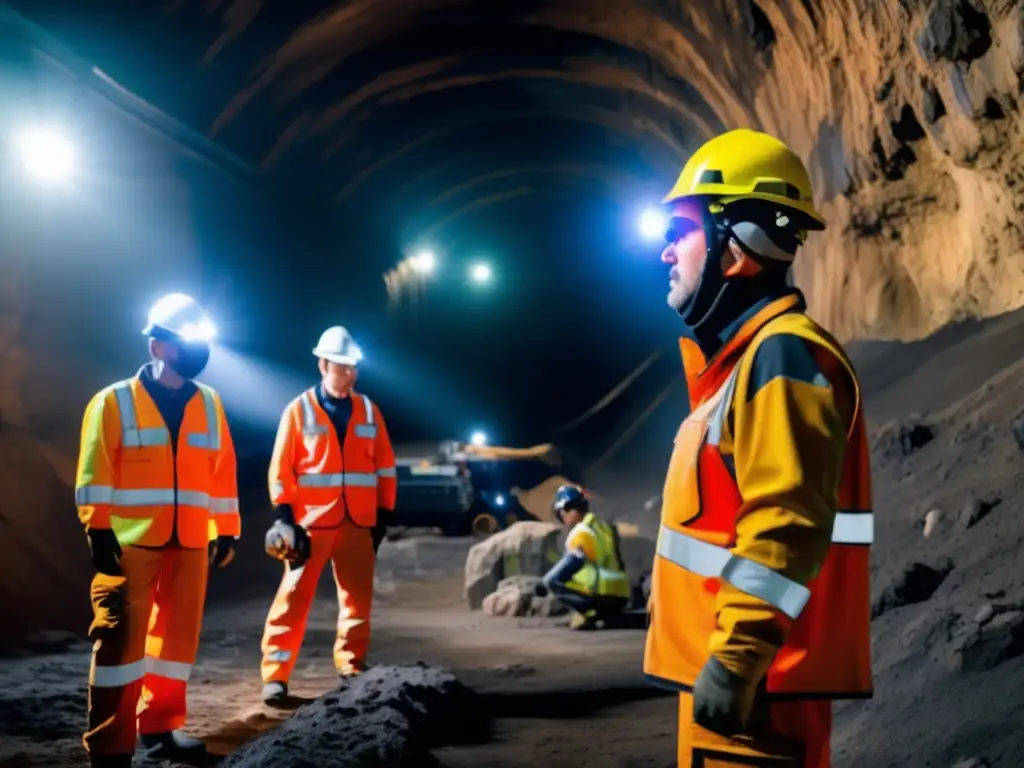 Innovaciones equipos protección minera, mineros en ambiente subterráneo con trajes y cascos avanzados