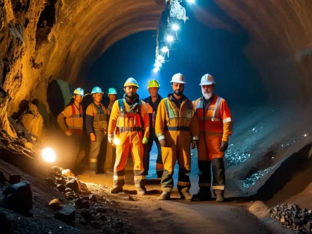 Mineros en túnel de mina con herramientas Herramientas innovadoras para exploración minera en túnel de mineros con equipo protector y herramientas tradicionales