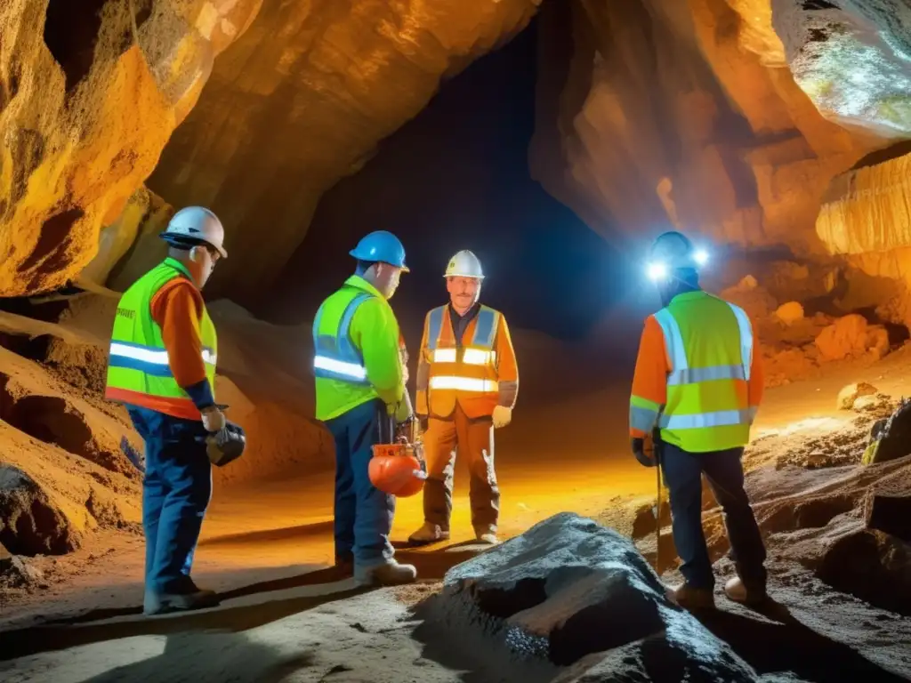 Mineros inspeccionan formaciones geológicas en mina subterránea - Importancia del mapeo geológico en minería subterránea